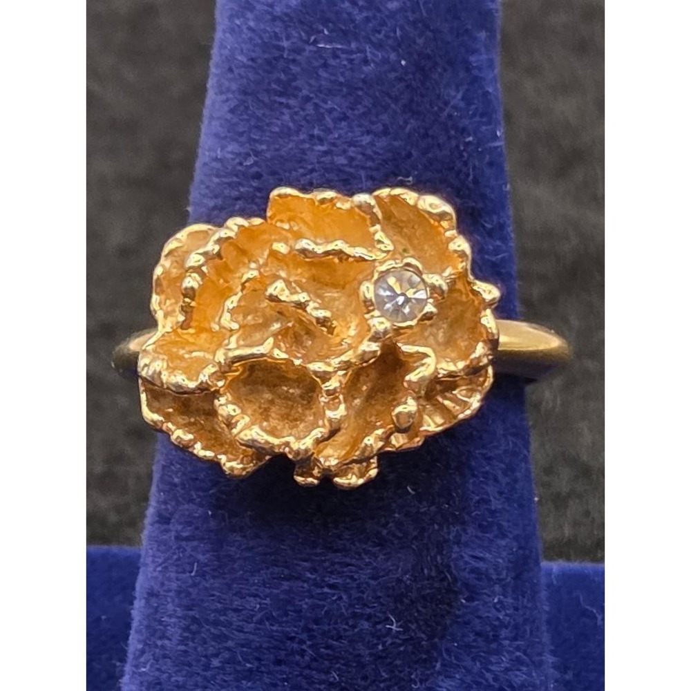 AVON Flowerblaze Ring Gold Tone Adjustable Flower Clear Rhinestone 1976 Size 6